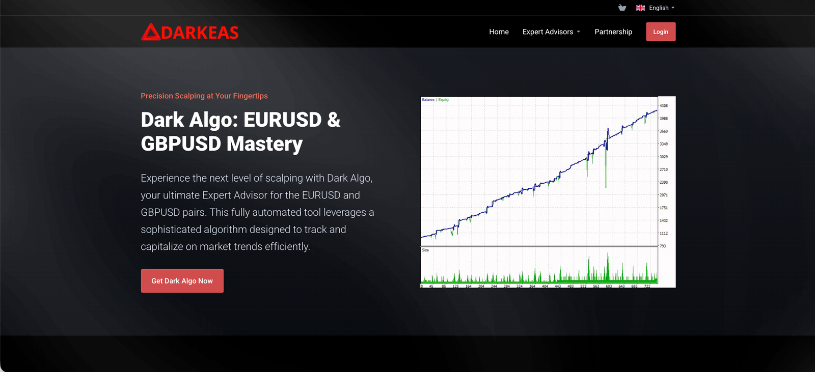 Dark Algo product page hero section on darkeas.com