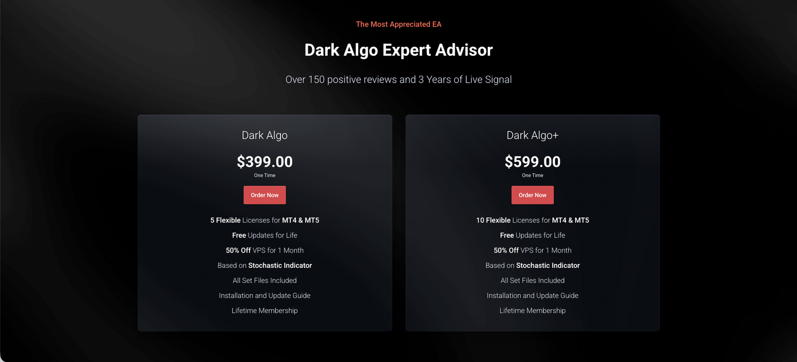 Dark Algo pricing table on darkeas.com showing the $399 and $599 one-time plans