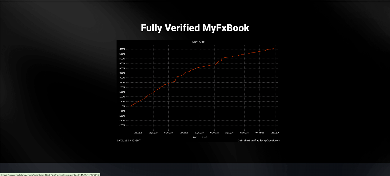 Dark Algo MyFxBook verified live signal widget on darkeas.com