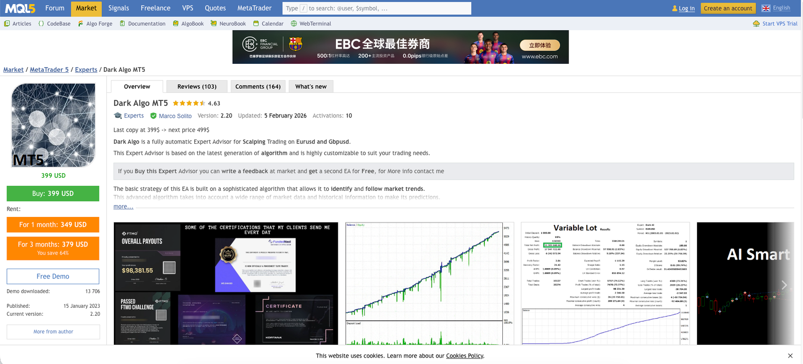 Dark Algo MQL5 Marketplace listing showing 4.64 rating across 90 reviews