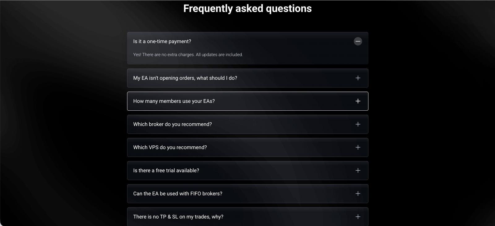 Dark Algo FAQ section on darkeas.com covering free trial and hidden TP/SL policy