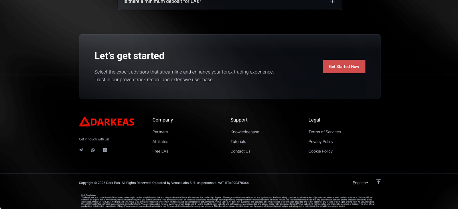 Dark EAs risk disclaimer footer on darkeas.com