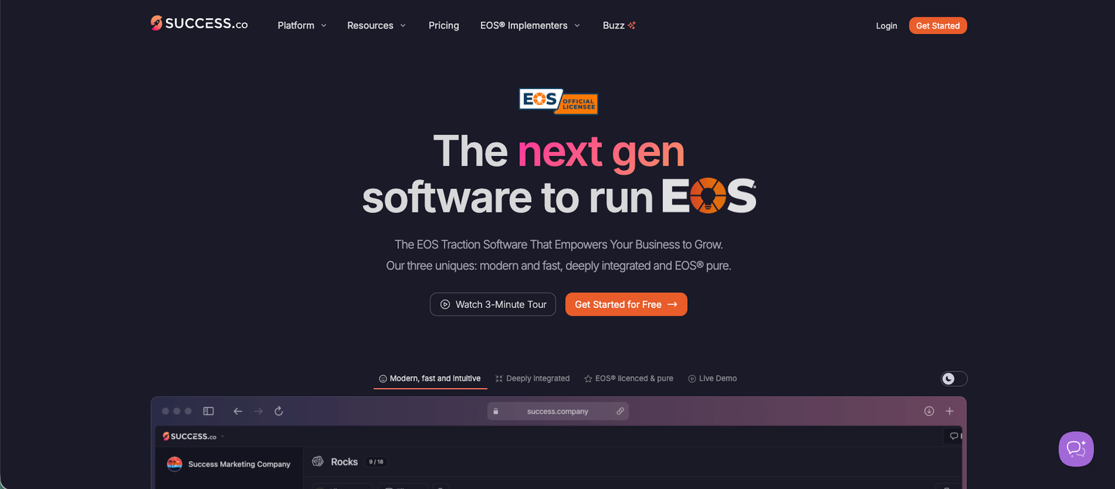 Success.co homepage hero section with the EOS Official License badge and a preview of the Rocks dashboard