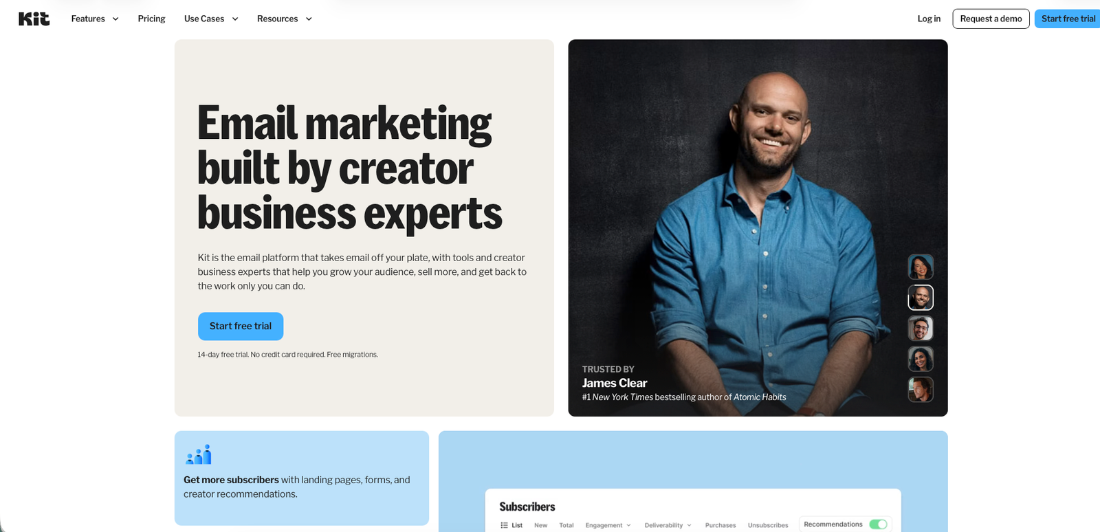 Kit homepage hero section with headline and sign-up call to action