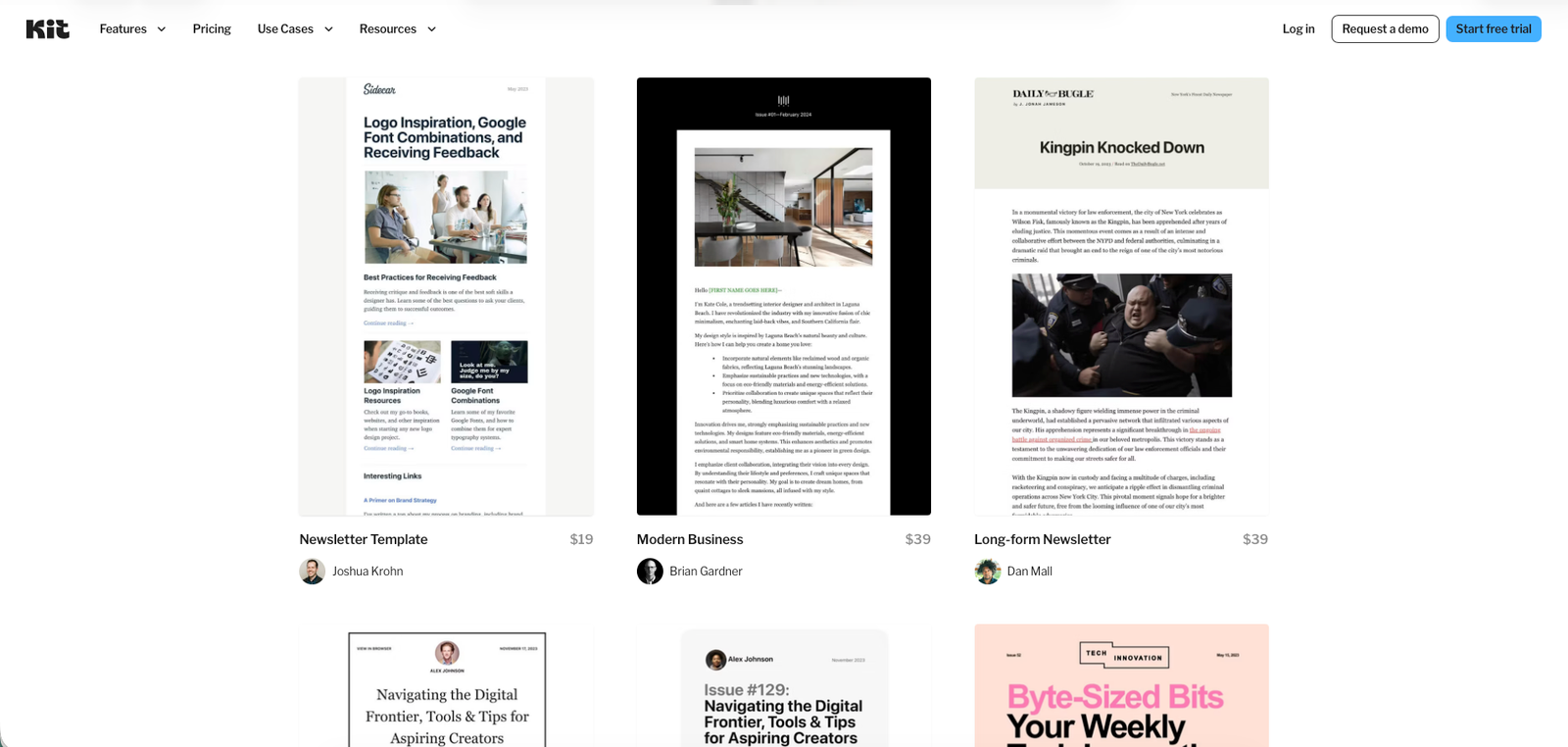 Kit template marketplace showing free templates next to paid premium templates