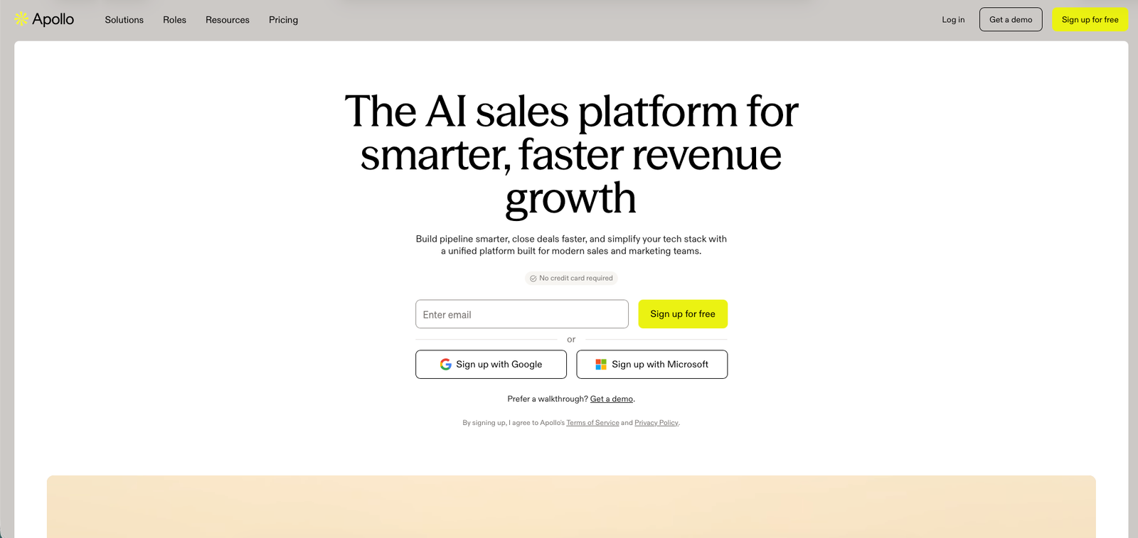 Apollo.io homepage hero section with headline and value proposition
