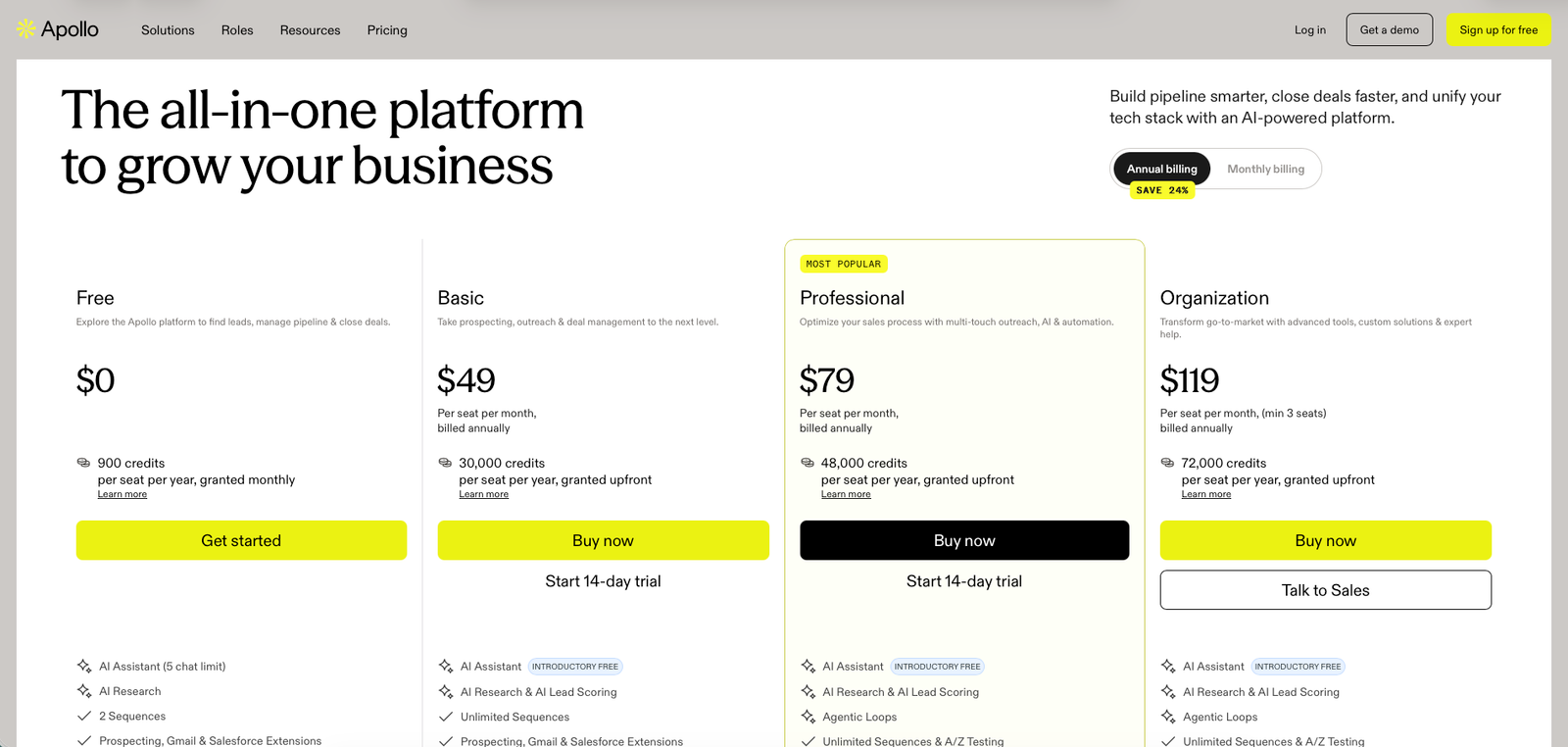 Apollo.io pricing page showing the Free, Basic, Professional, and Organization plan cards under annual billing