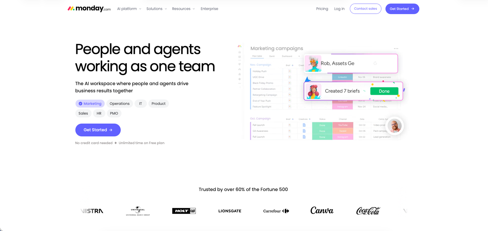 monday.com homepage hero section with headline and value proposition