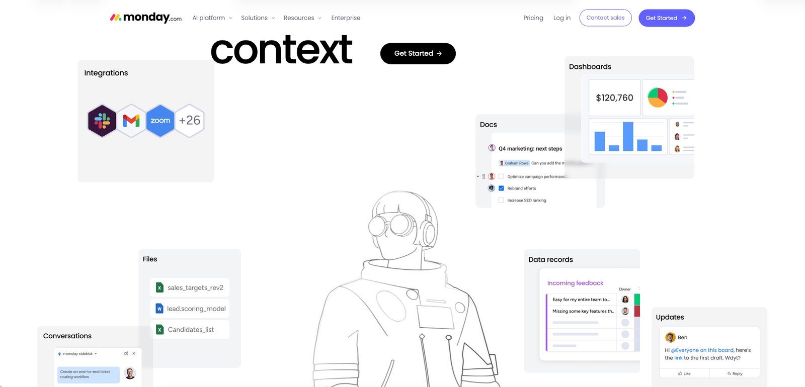 monday.com homepage feature showcase highlighting dashboards, board views, and automations