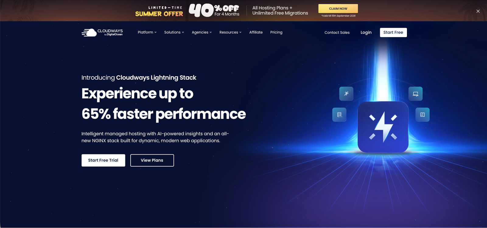 Cloudways homepage hero section with headline and value proposition