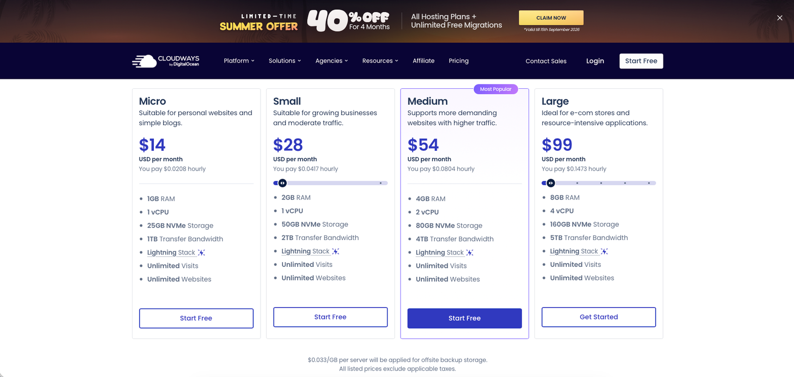 Cloudways pricing page showing Flexible plan server size cards with pricing