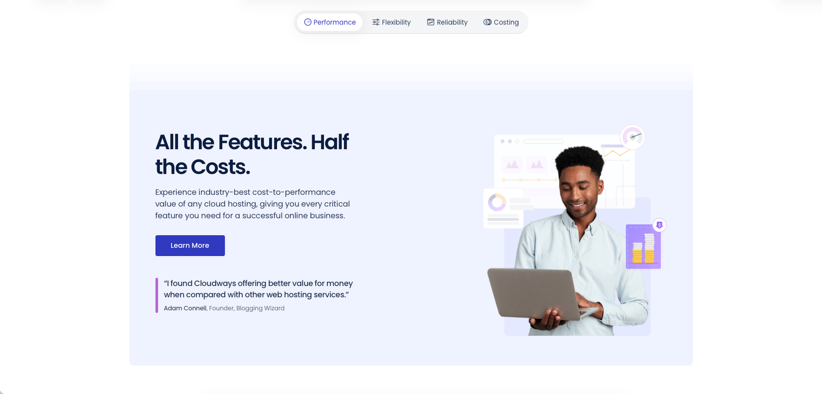Cloudways homepage feature section highlighting multi-cloud selection and platform features