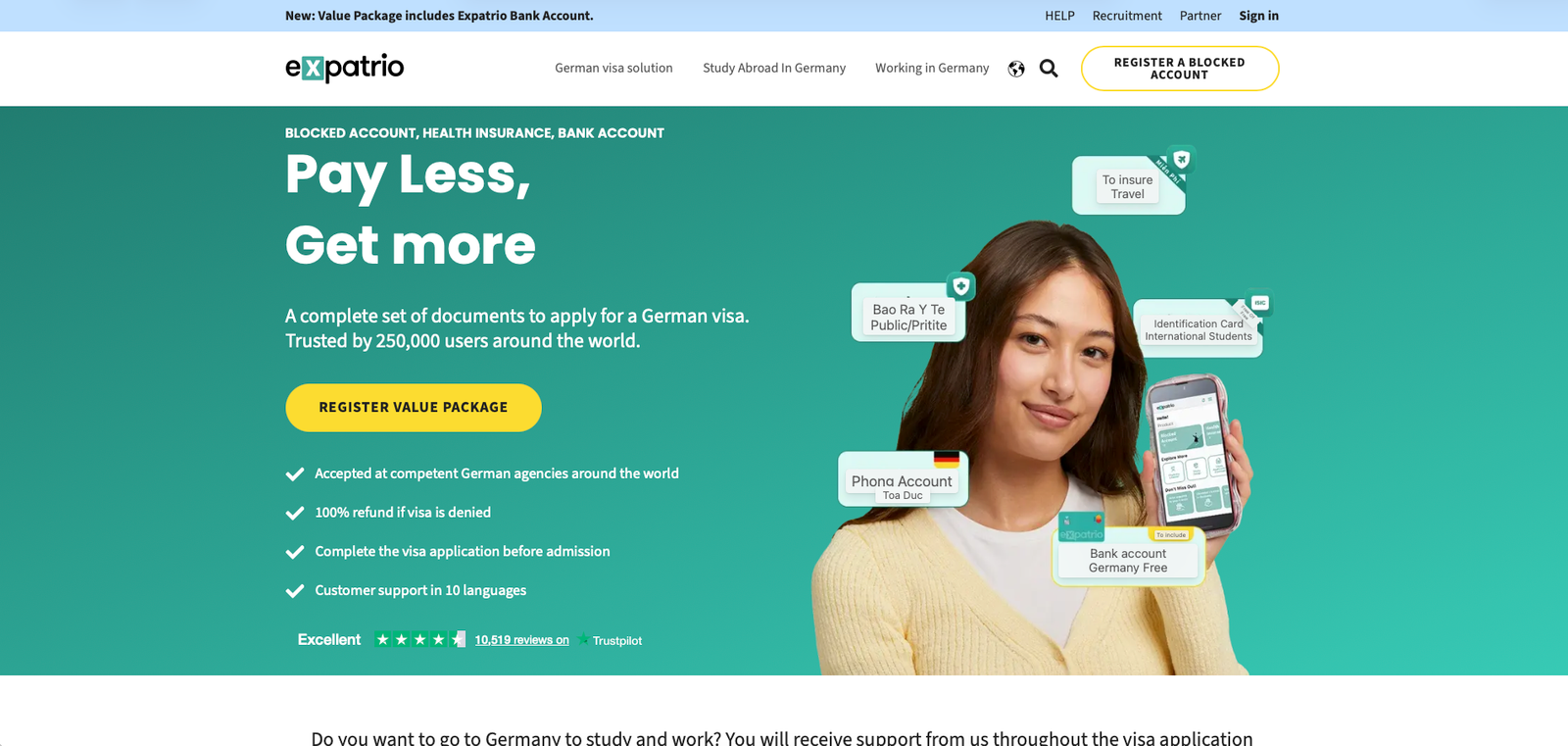 Expatrio homepage hero section with headline and value proposition