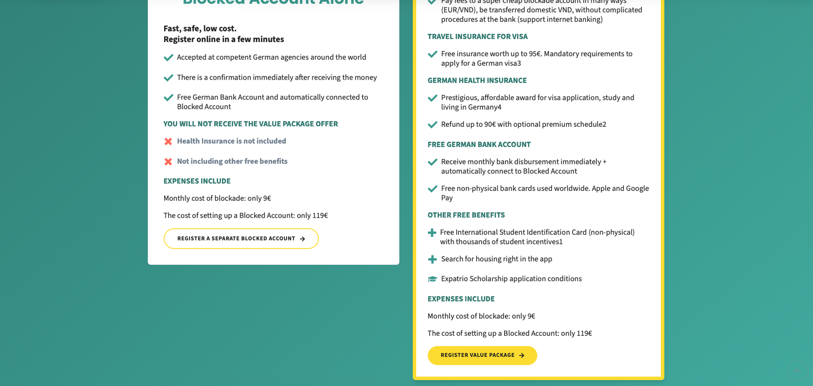 Expatrio Blocked Account pricing page showing setup fee, monthly fee, and blocked amount breakdown