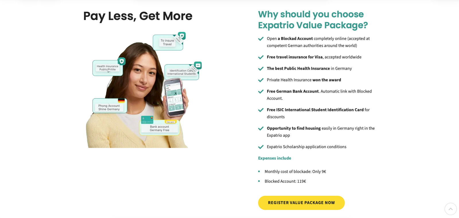 Expatrio Value Package page showing bundled blocked account, health insurance, and bank account services