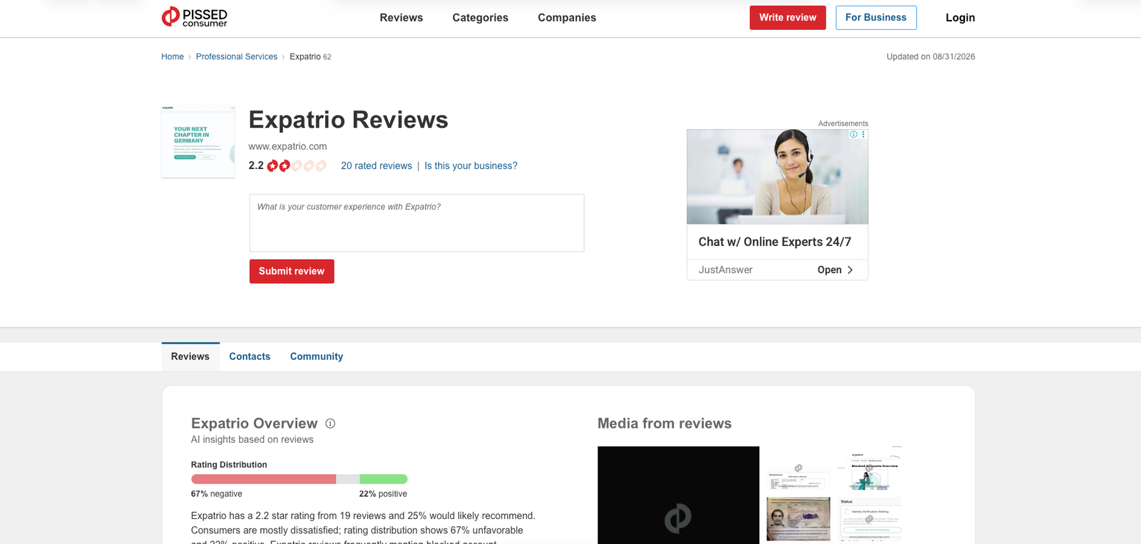 Pissed Consumer reviews page for Expatrio showing a low aggregate rating and recurring complaints about withdrawals and support