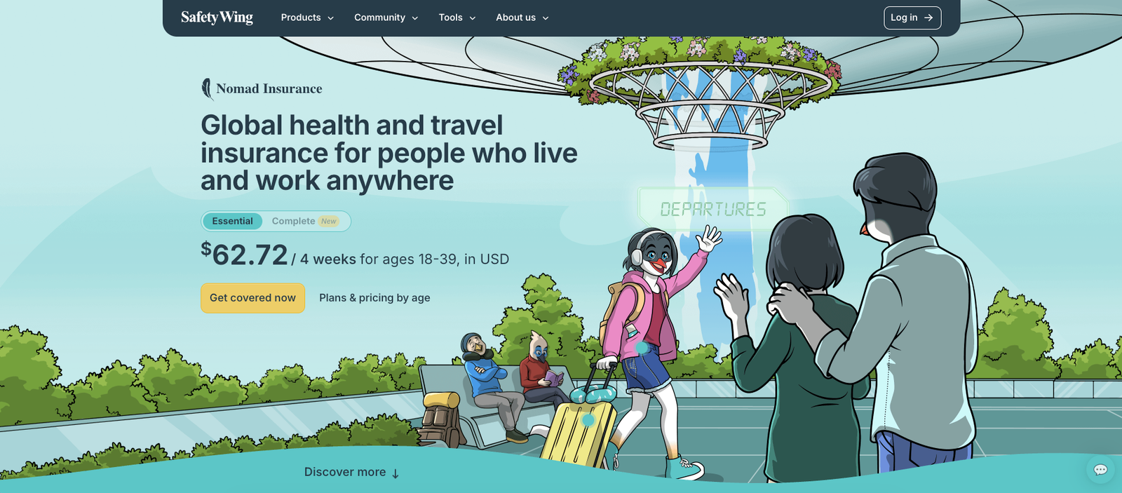 SafetyWing homepage hero section with headline and value proposition