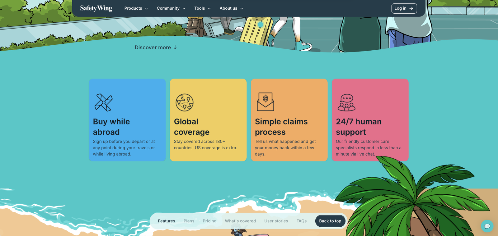 SafetyWing homepage product overview showing Nomad Insurance and Remote Health offerings