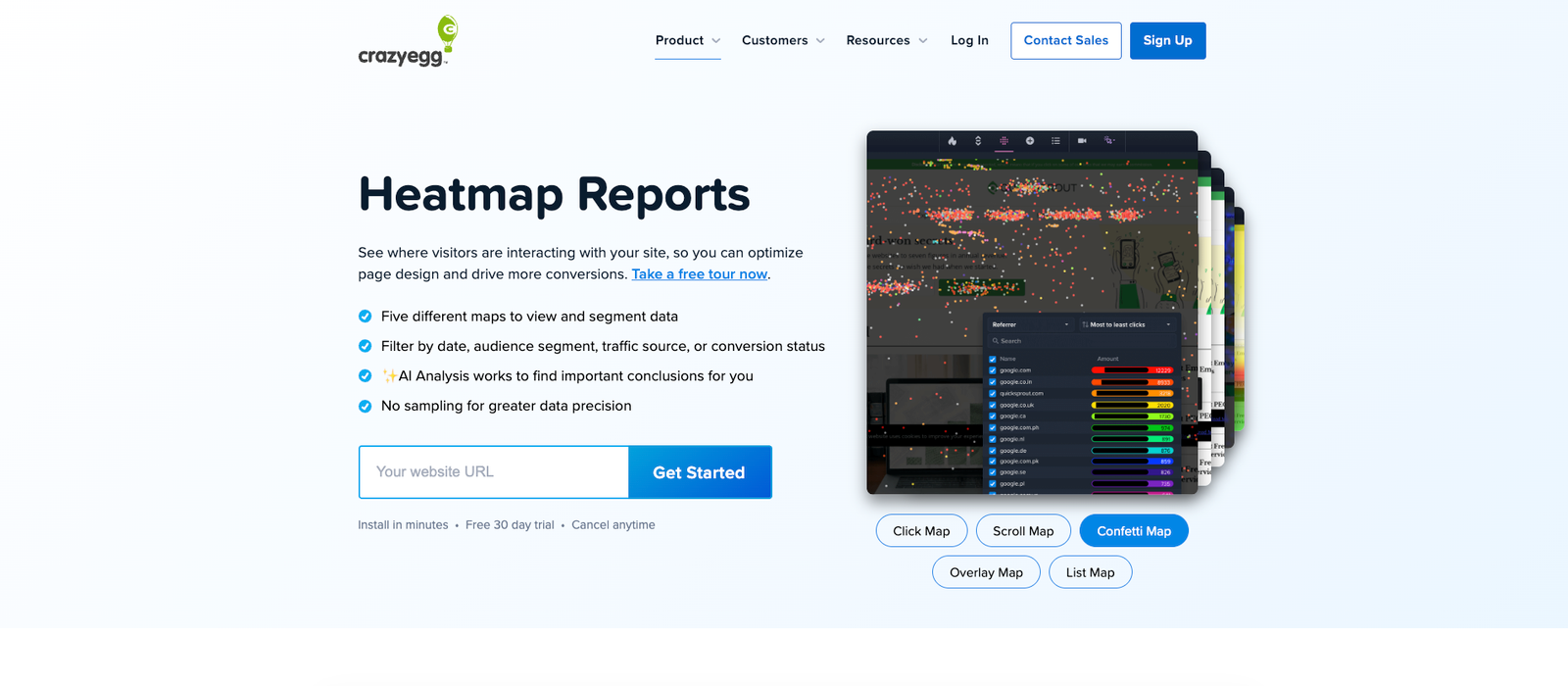 Crazy Egg Heatmap Reports interface showing website behavior visualization tools
