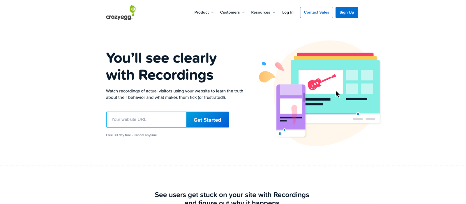 Crazy Egg Session Recordings interface for reviewing visitor behavior