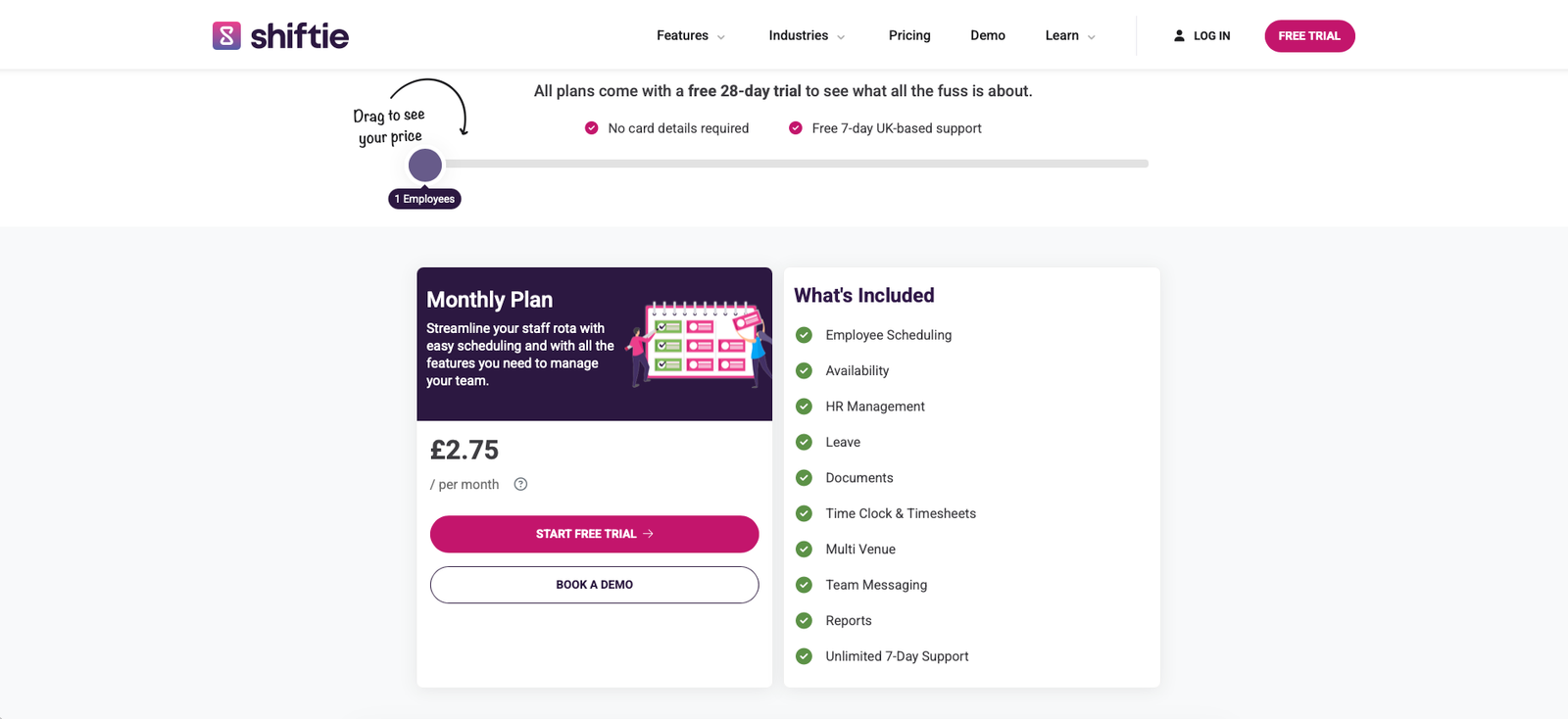 Shiftie pricing page showing per-employee monthly pricing and included features