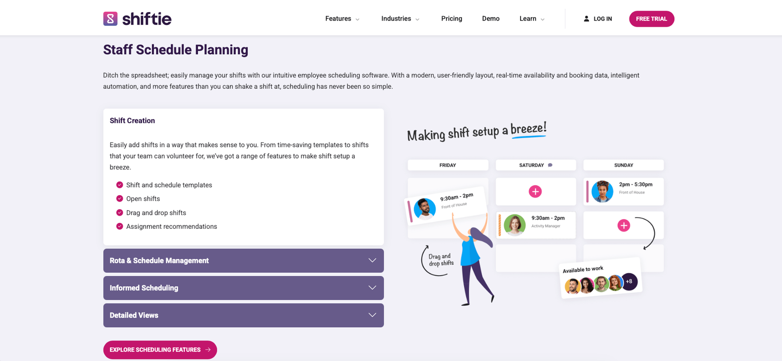 Shiftie employee scheduling interface showing rota planning features