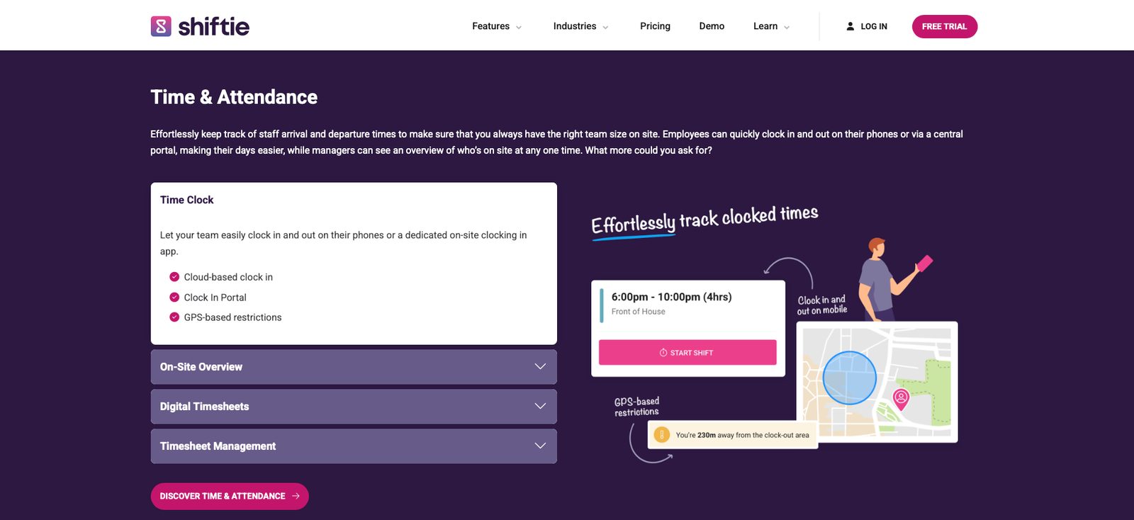 Shiftie time and attendance interface showing time clock and timesheet functionality