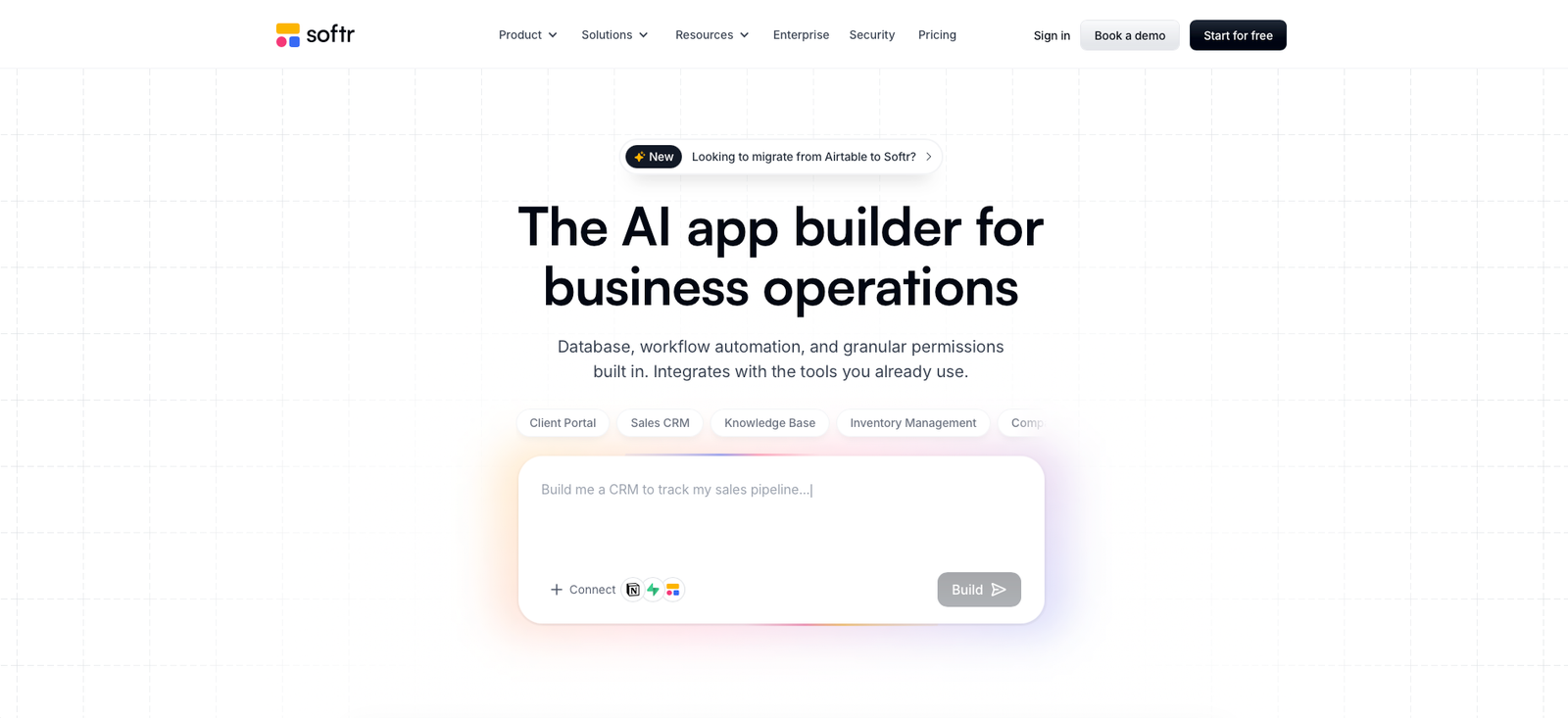 Softr homepage showing its AI app builder for business operations