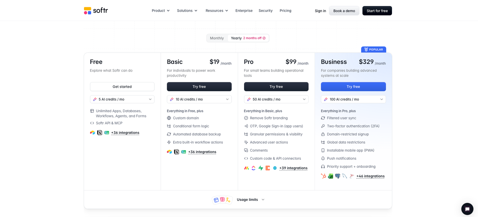 Softr pricing page showing Free, Basic, Pro and Business plans