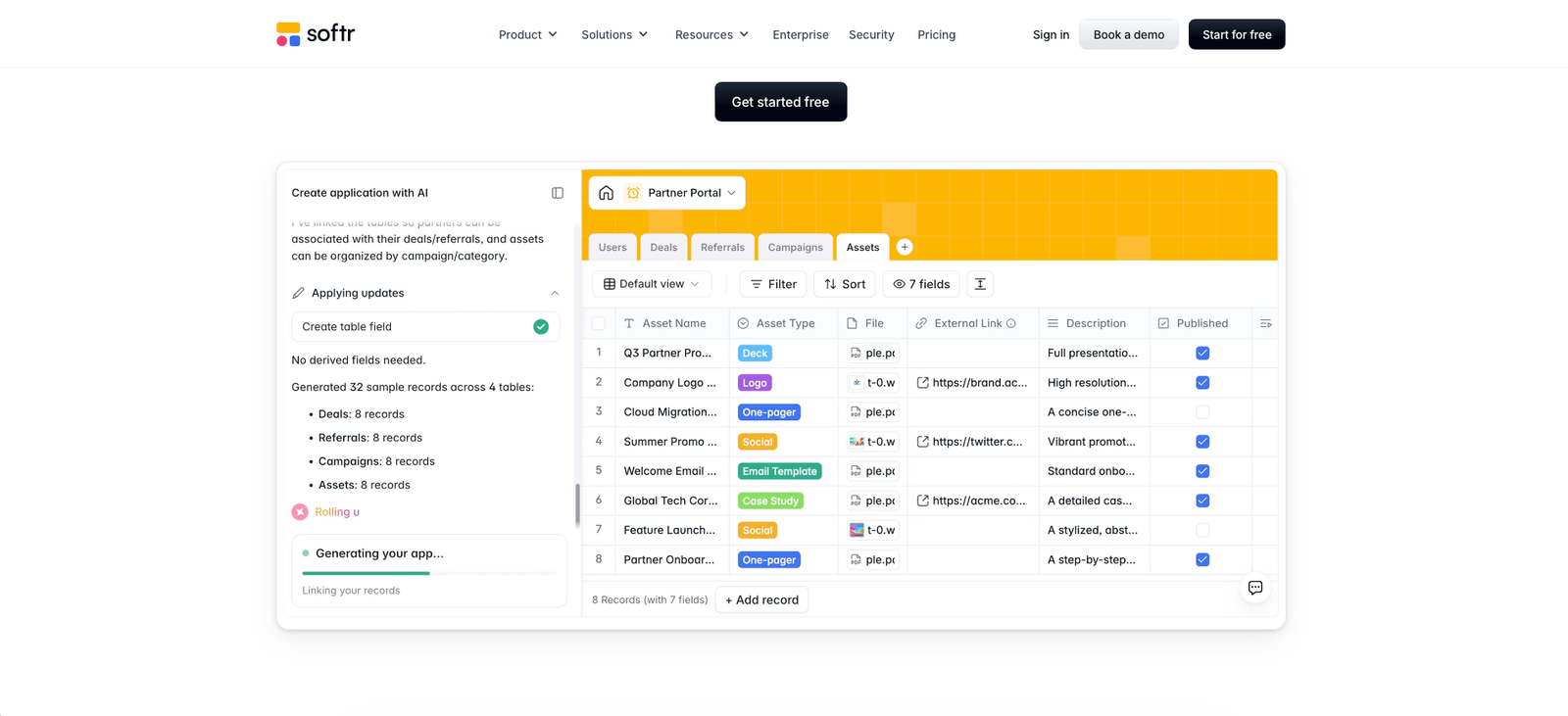 Softr AI app builder showing AI-assisted business app creation