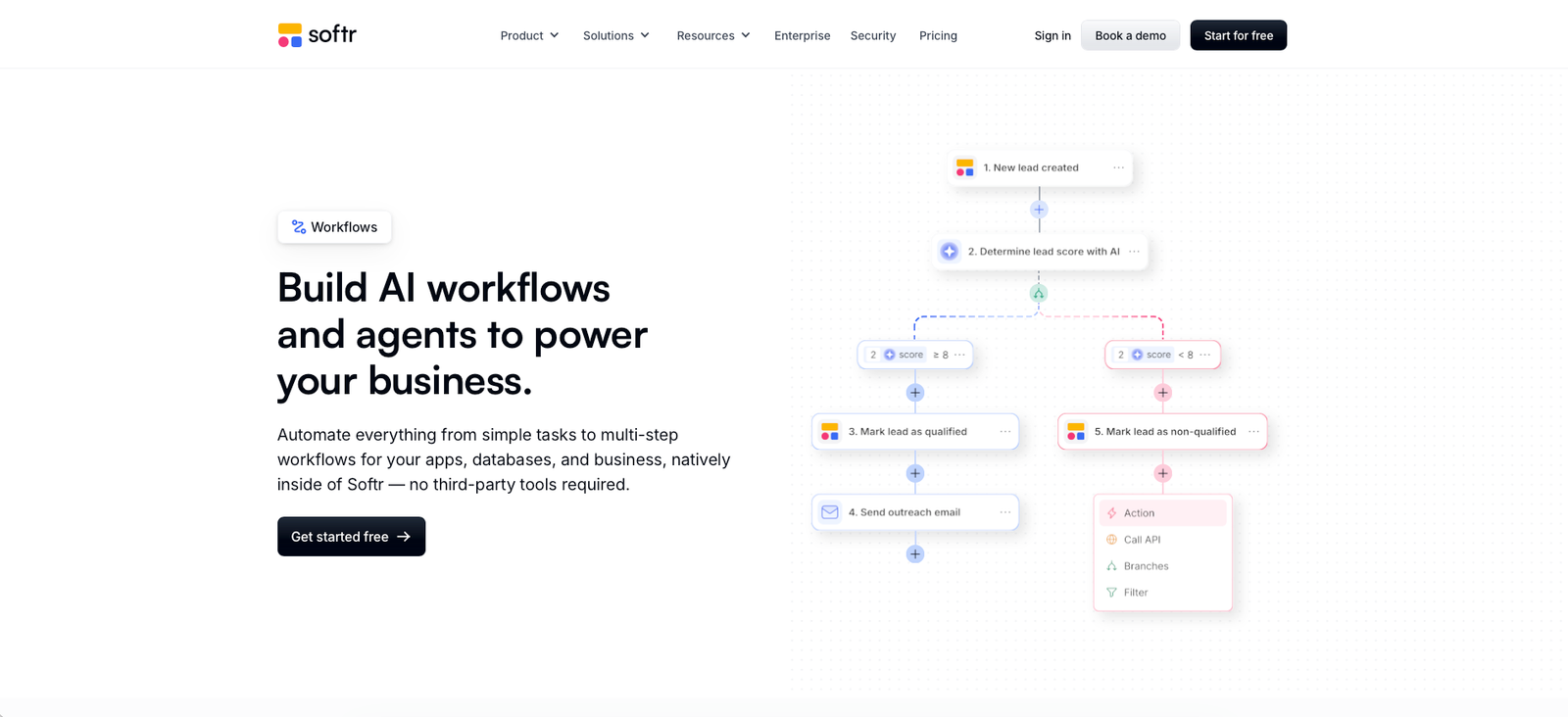 Softr Workflows visual automation builder showing connected workflow steps