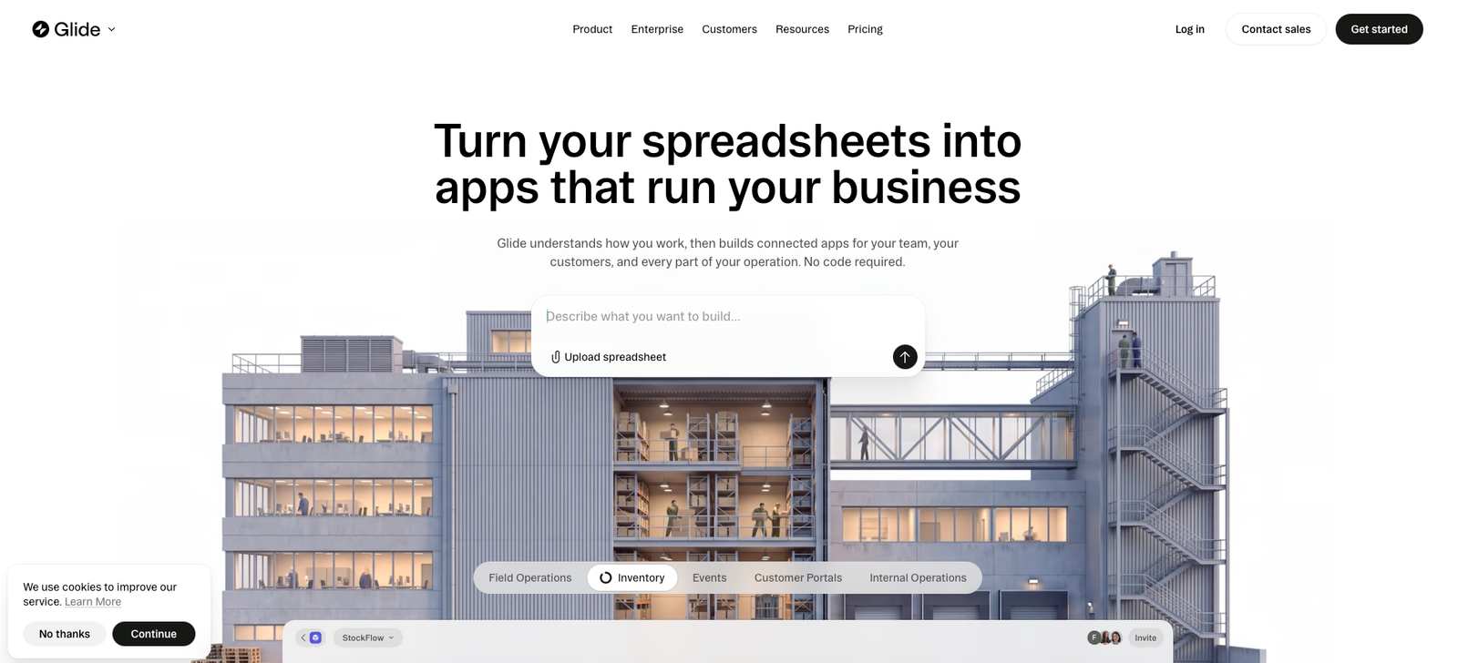 Glide homepage showing its business app building platform