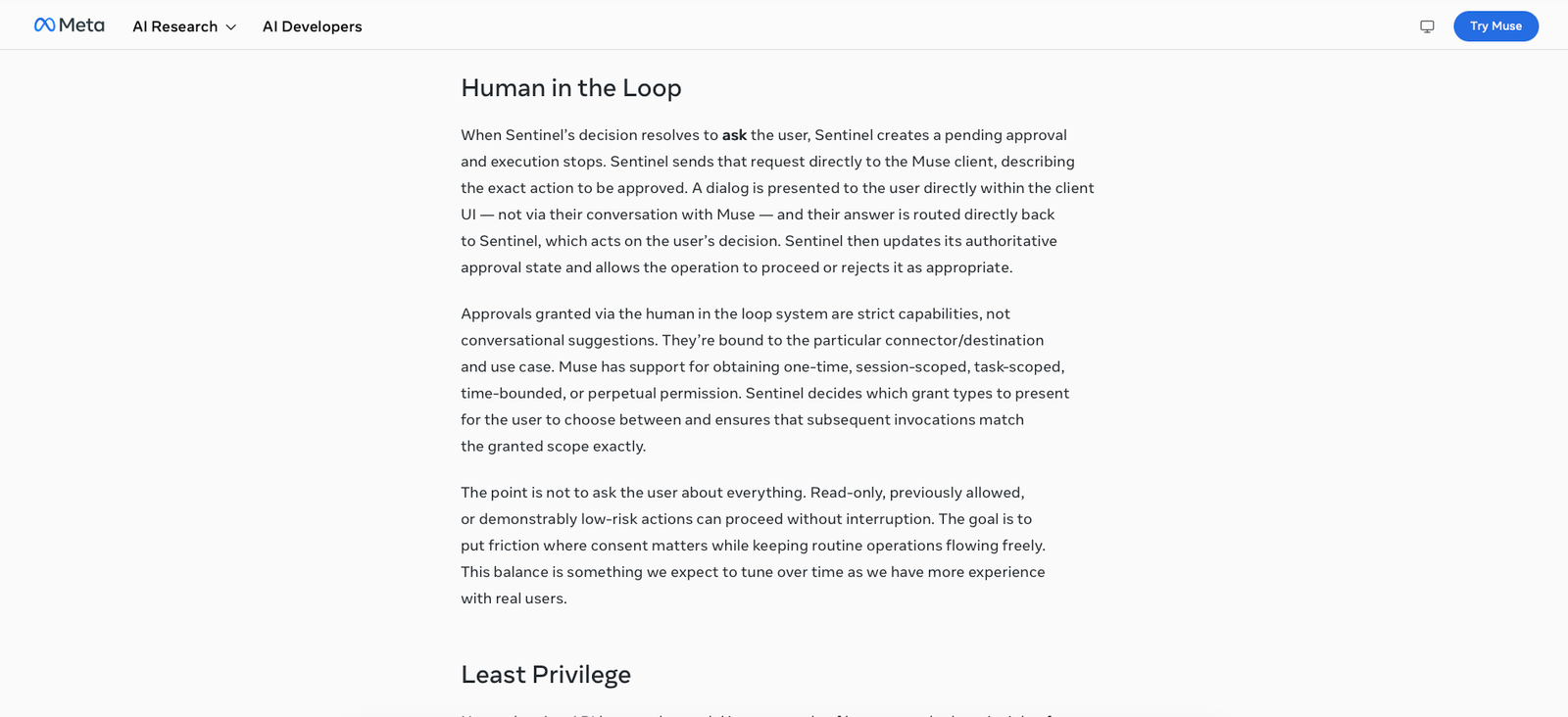 User-supplied screenshot of Meta's documentation about human approval controls in Muse