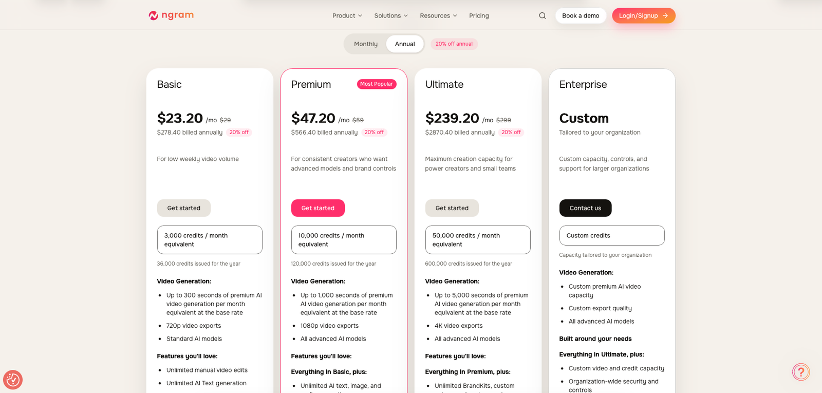 ngram pricing page showing Free, Basic, Premium and Ultimate plans