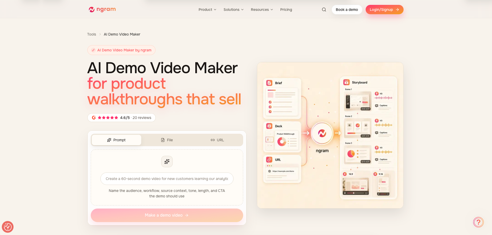 ngram AI demo video maker interface for creating product videos from source material