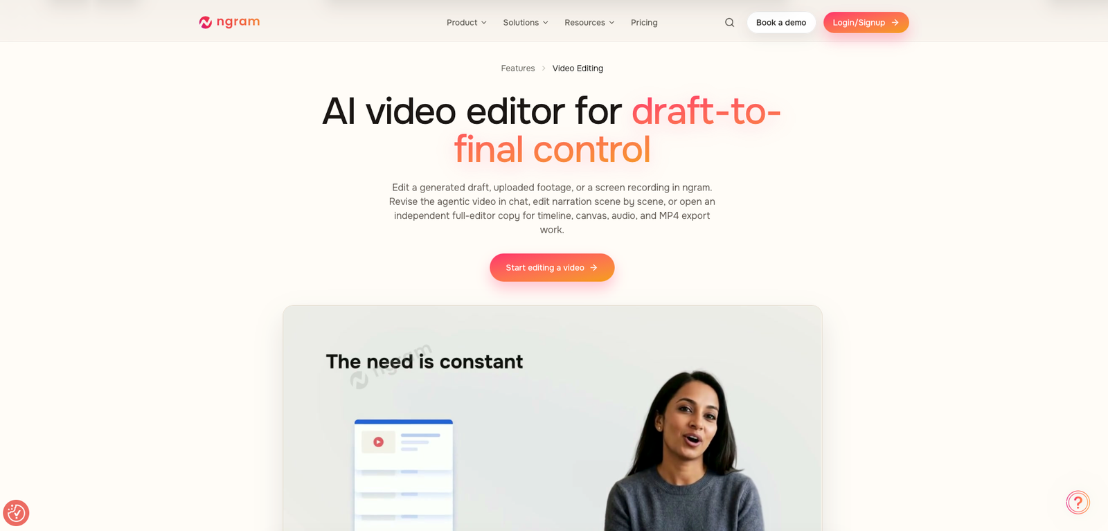 ngram AI video editing interface for refining generated or recorded video