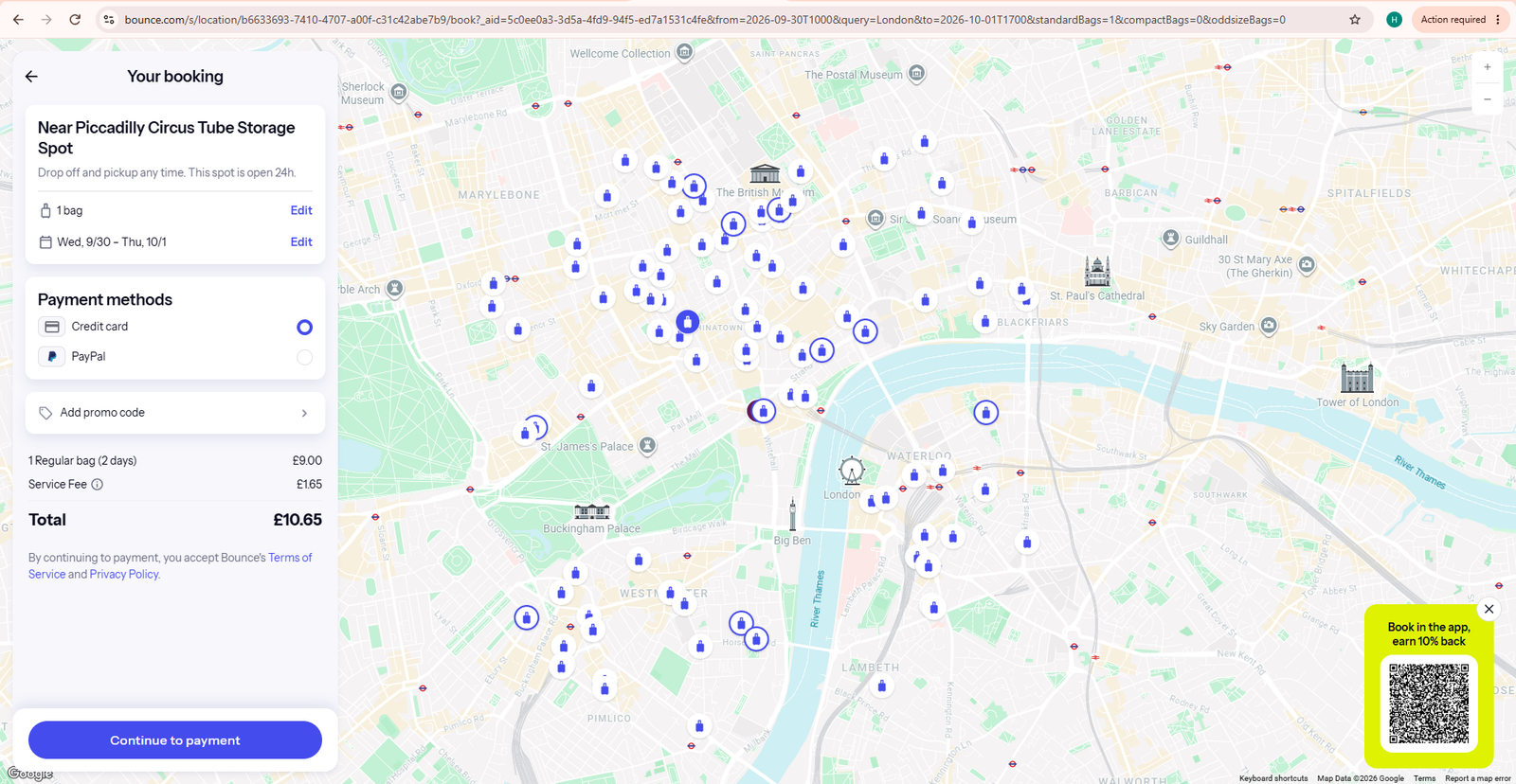 Bounce booking or service interface screenshot