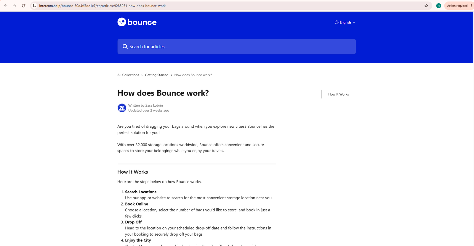 Bounce luggage storage help or service screenshot
